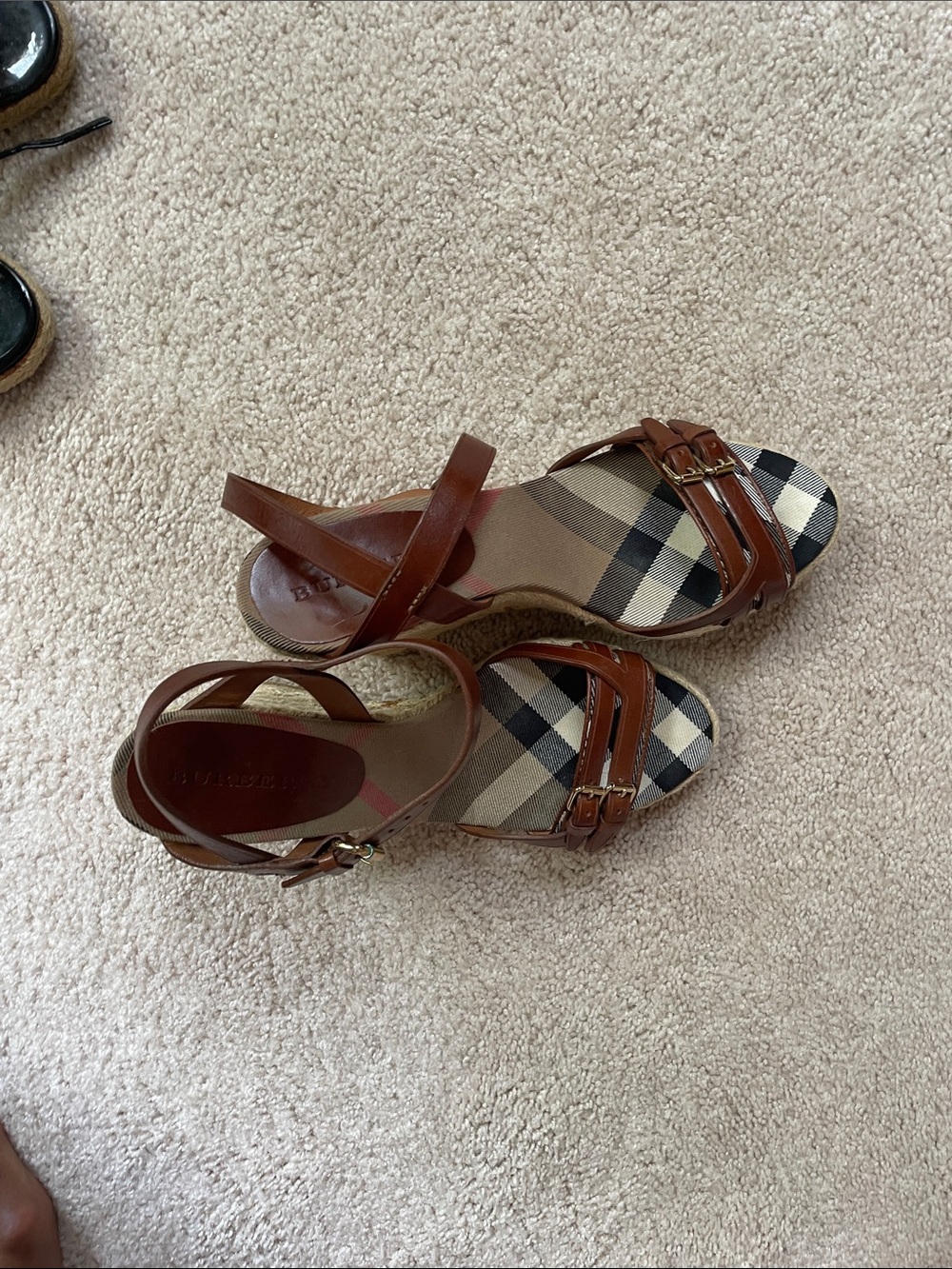 Burberry Brown Leather & Beige Check Espadrille Wedge Sandals - Picture 12 of 16